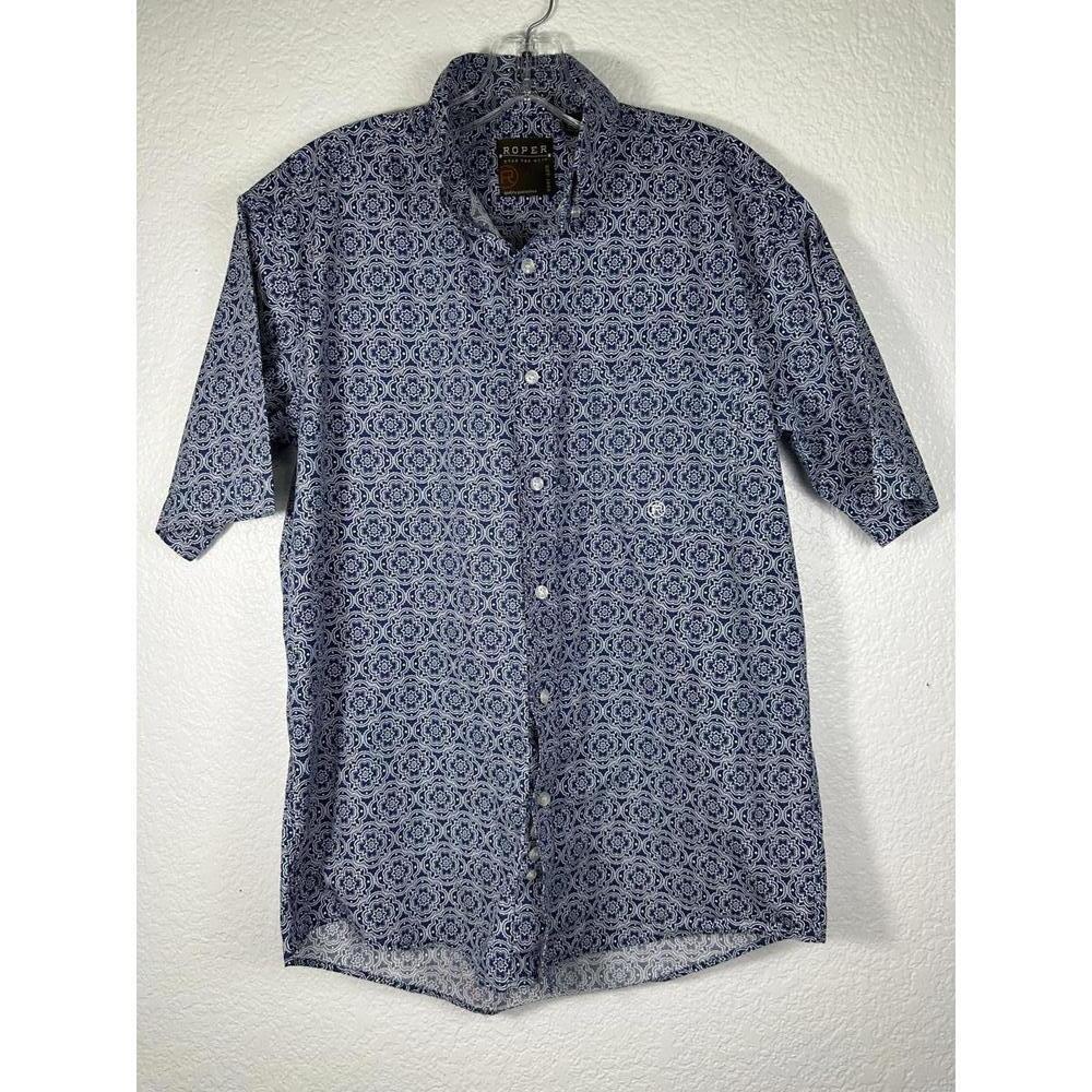 Roper Western Shirt Men’s XL Blue White Geometric Print Short Sleeve Cotton